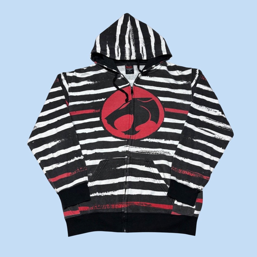 Thundercats Mens Full Zip Hoodie Black White Red Striped Graphic Logo 1670